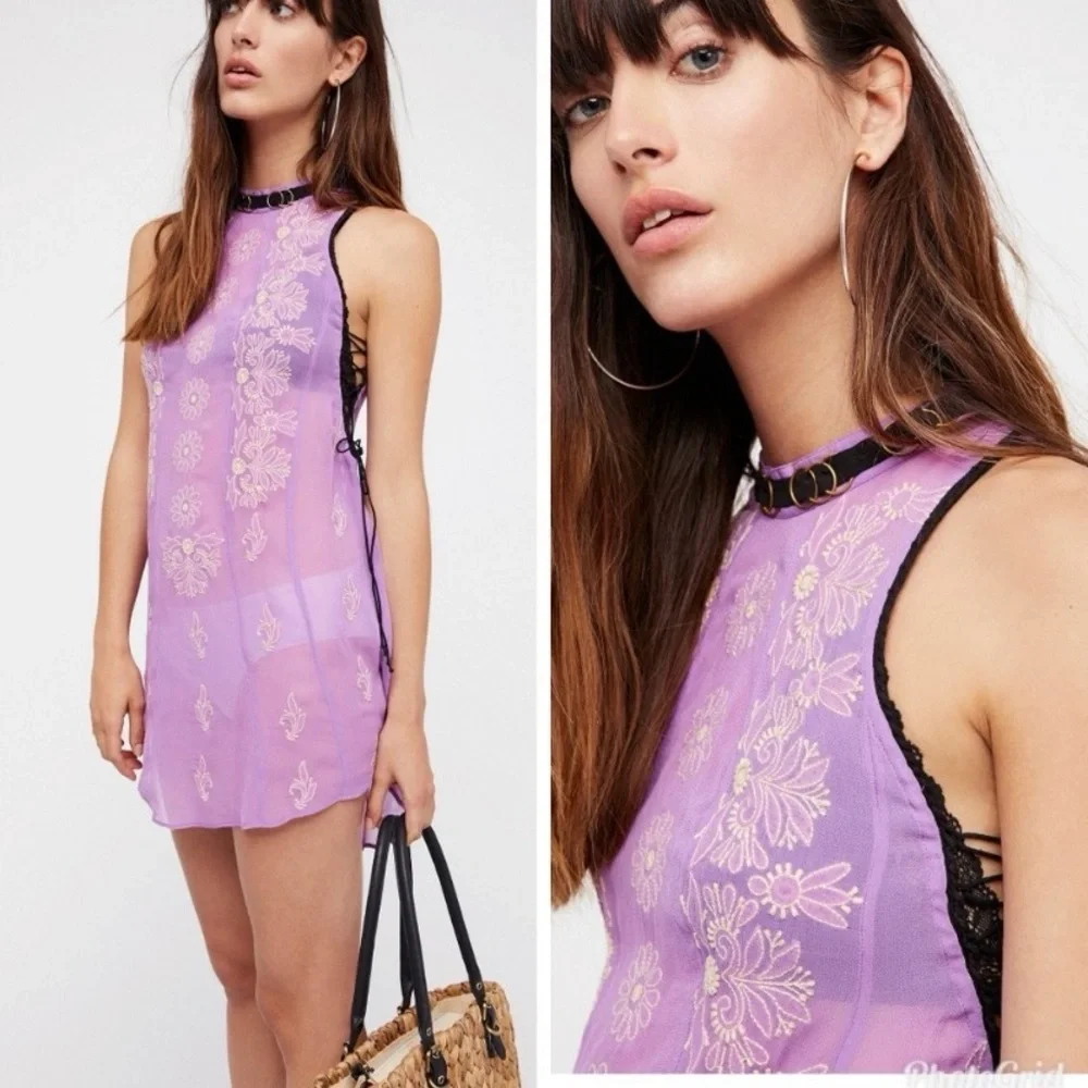 NWT FREE PEOPLE Sunset Kisses Embroidered Lilac Sheer Tunic Top Dress Size Med